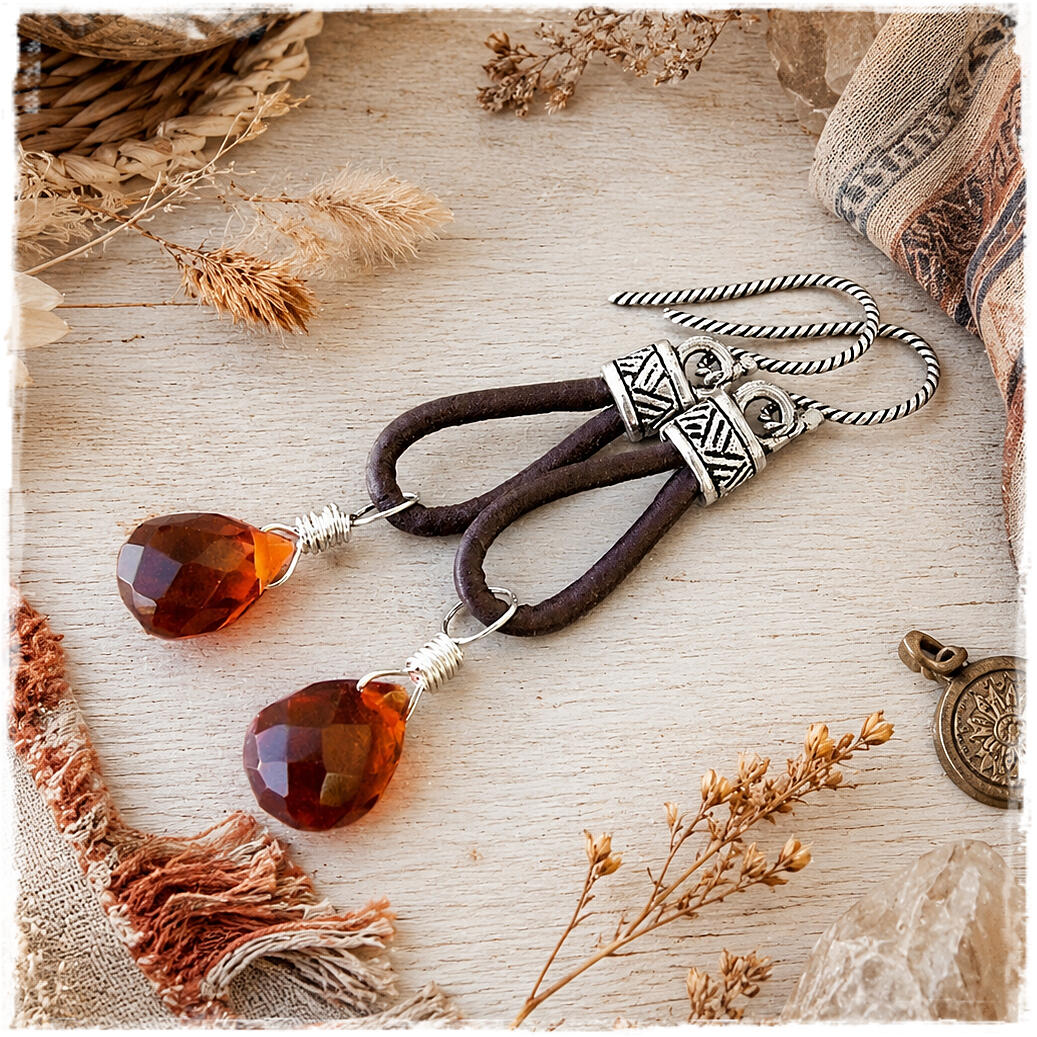 Handcrafted Leather And Quartz Earrings By Kachina Designs Jewelry Leather And Quartz Gemstone Earrings By Kachina Designs